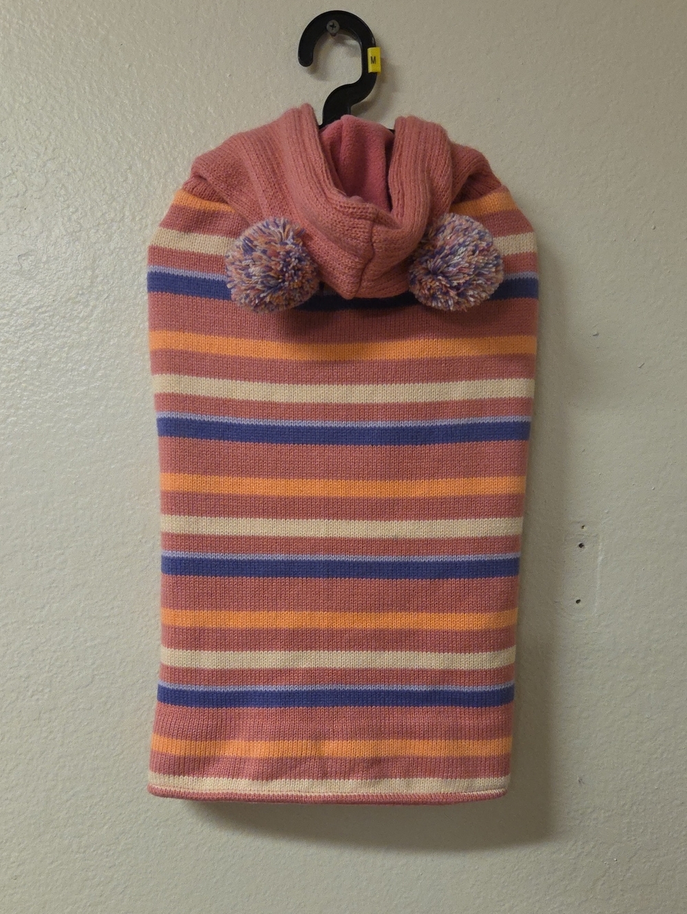 Striped Knit Pom-Pom Hooded Neck Warmer in Rose, Peach & Blue